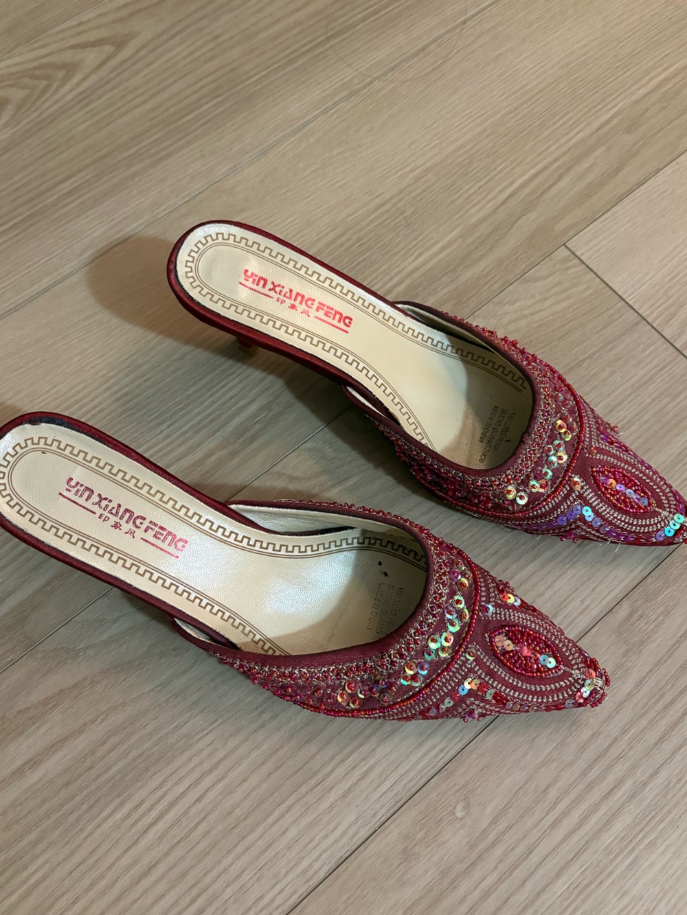 Embellished Red Pointed Mule Flats